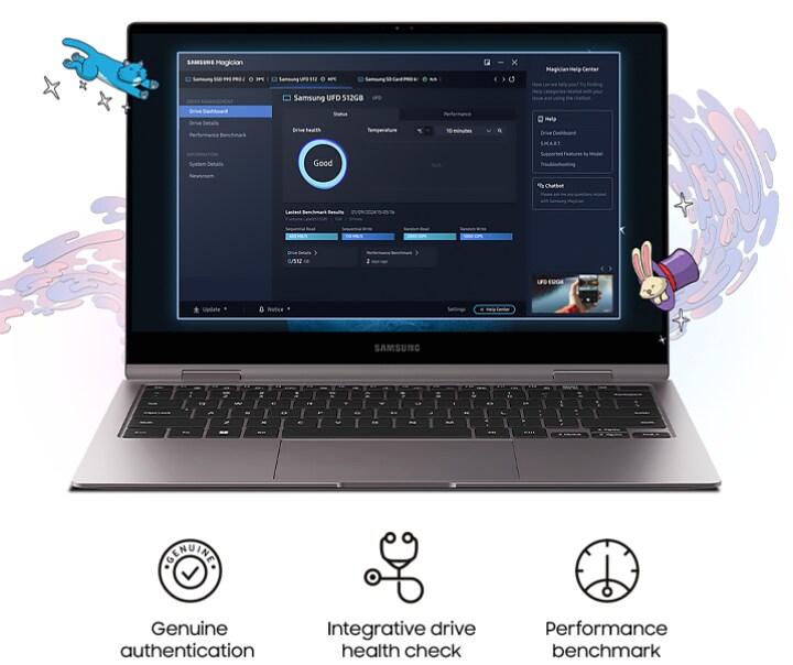 Samsung magician software is running on the PC screen. Below that, the three core functions 'Genuine authentication', 'Integrative drive Health check', and 'Performance benchmark' are indicated in text and icons.