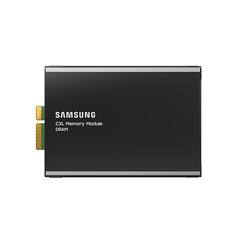 The Samsung CXL Memory Module DRAM with its slim black design.