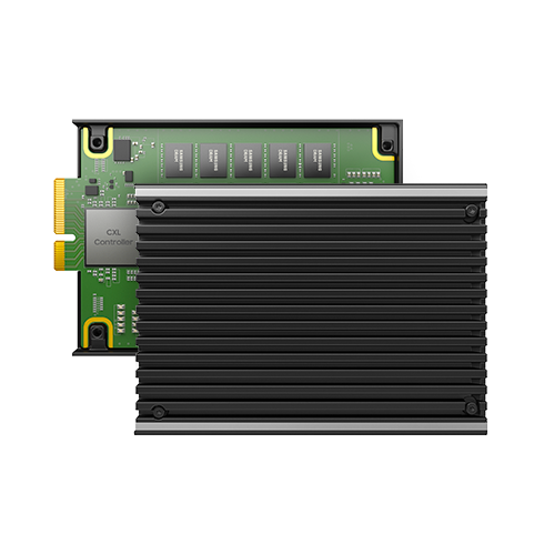 Samsung CXL Memory Module DRAM with the black ridged casing offset to reveal the internal circuit board and memory chips.