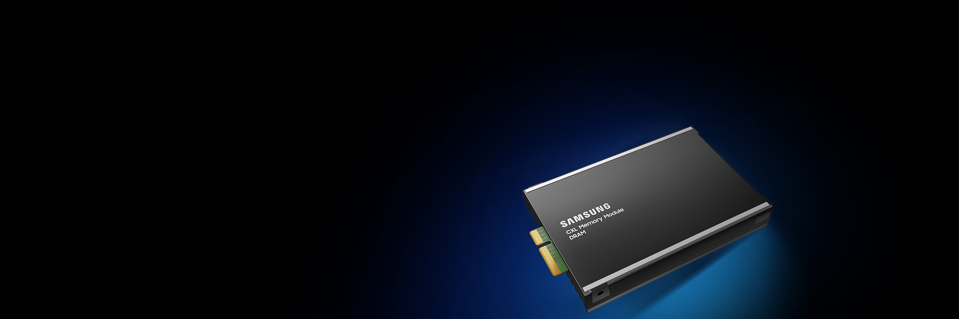 A black Samsung CXL Memory Module DRAM with gold connectors, displayed on a blue gradient background.