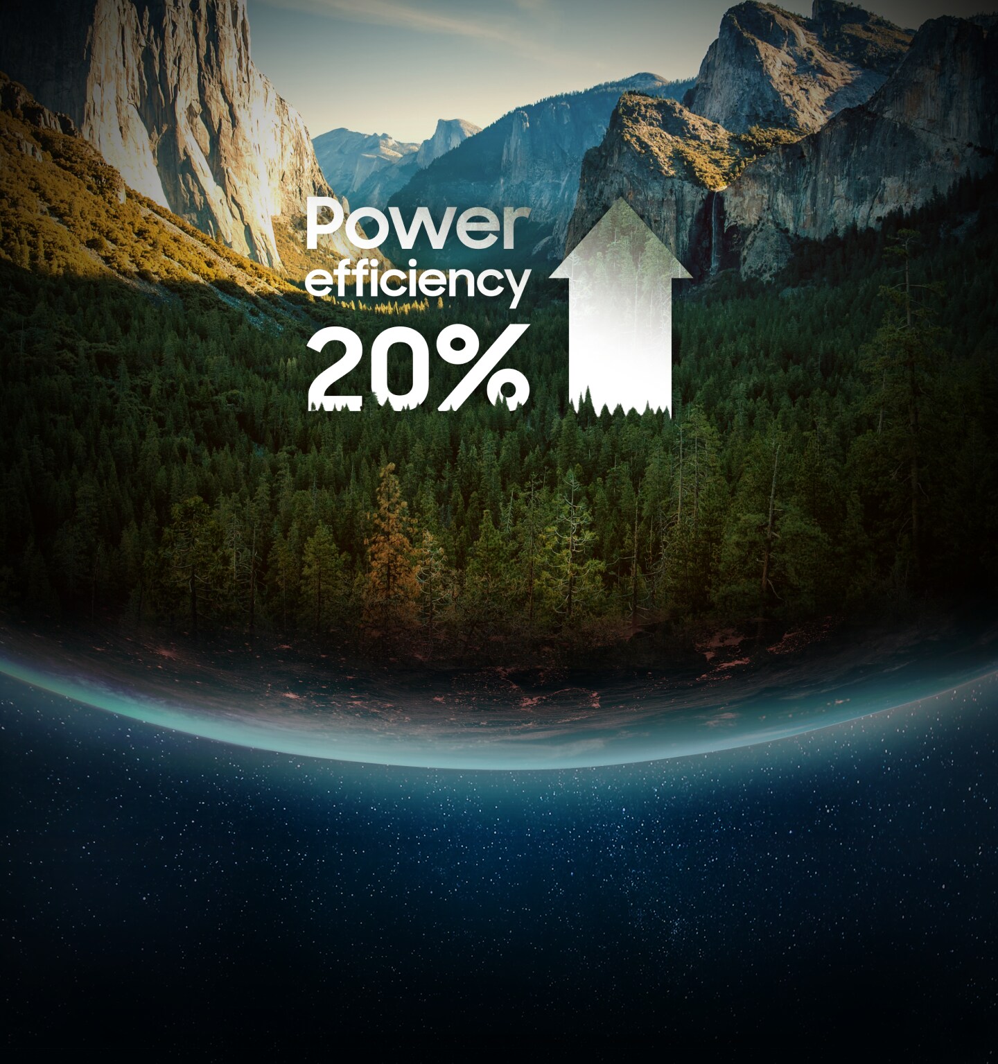 An illustrative image of 'up to Power efficiency 30%' typography against an image of trees, mountain in the earth.