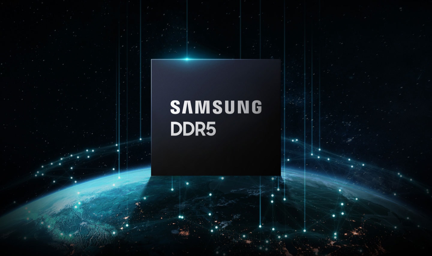 An illustrative image of Samsung DDR5 chip above The Earth.
