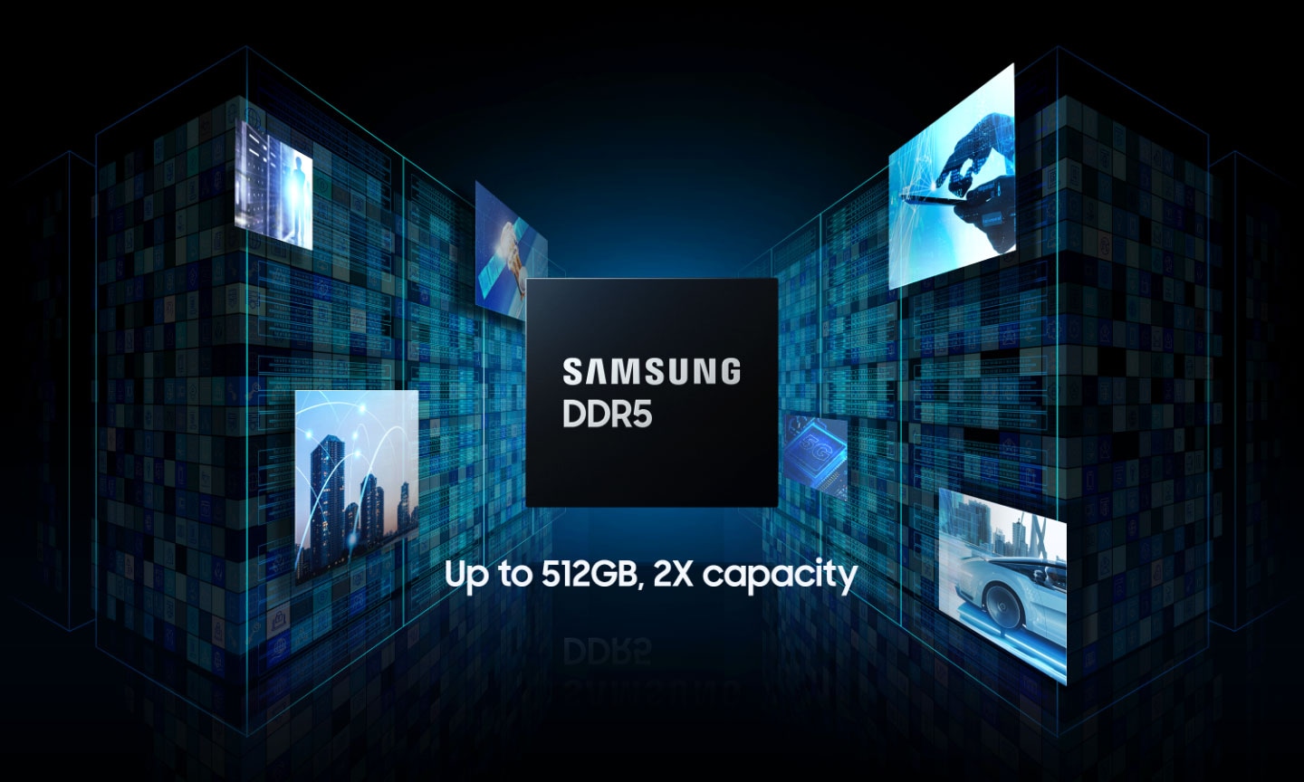 An image of float the Samsung DDR5 chip and variety of application images in the datacenter, with 'Up to 512GB, 2X capacity' typography.