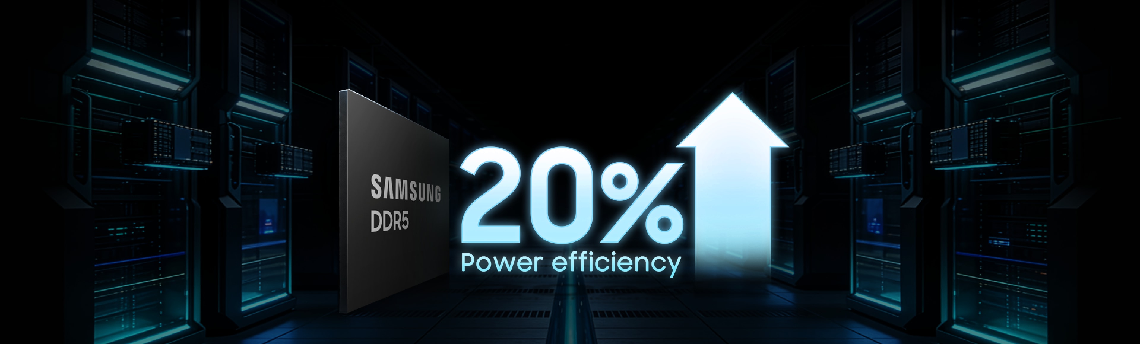 Graphic indicating that DDR5 power efficiency improved by more than 20%  background datacenter servers
