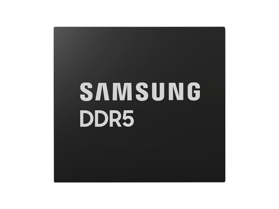 Front-facing view of a Samsung DDR5 memory package with branding on a dark background.