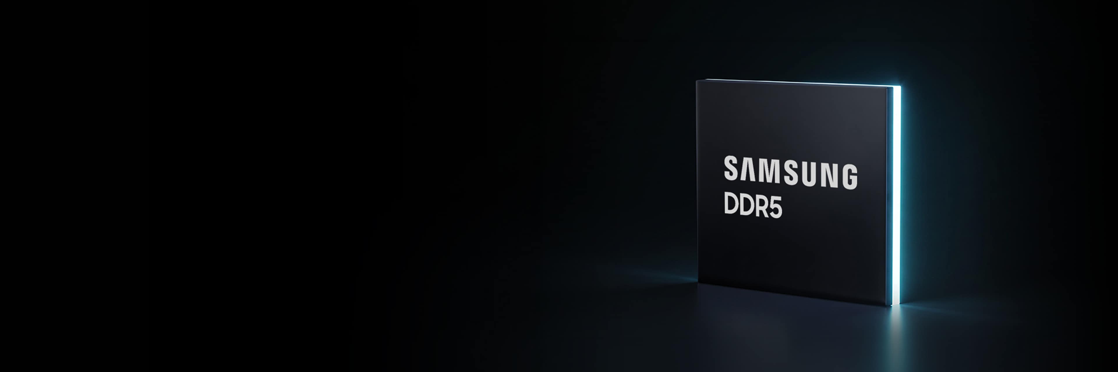 Angled front and back views of Samsung DDR5 memory on a dark background.