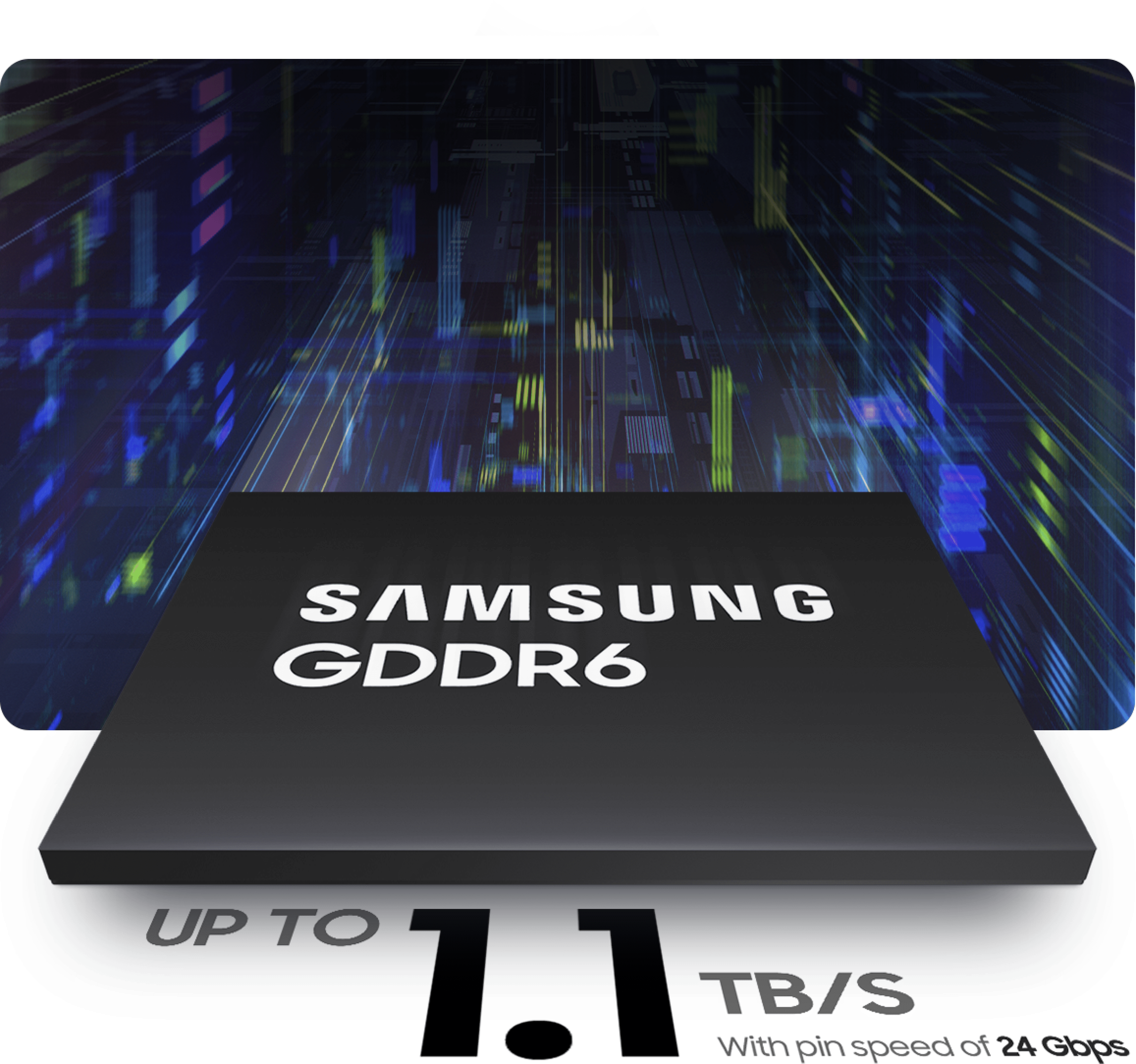 Samsung GDDR6 has a bandwidth of up to 1.1 TB/s and speeds of up to 24 Gbps.