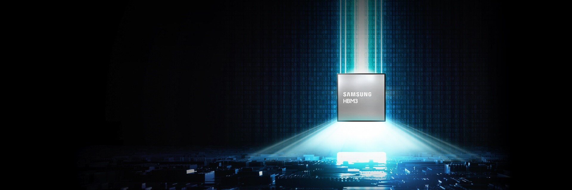 Samsung HBM3 high bandwidth memory chip emitting bright blue light to represent advanced cooling and high-performance data processing