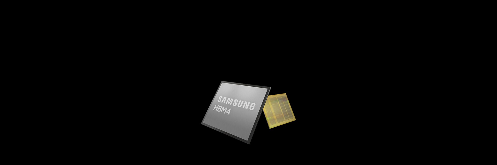 Angled view of a Samsung HBM4 memory package with a stacked structure and exposed base layer on a dark background.