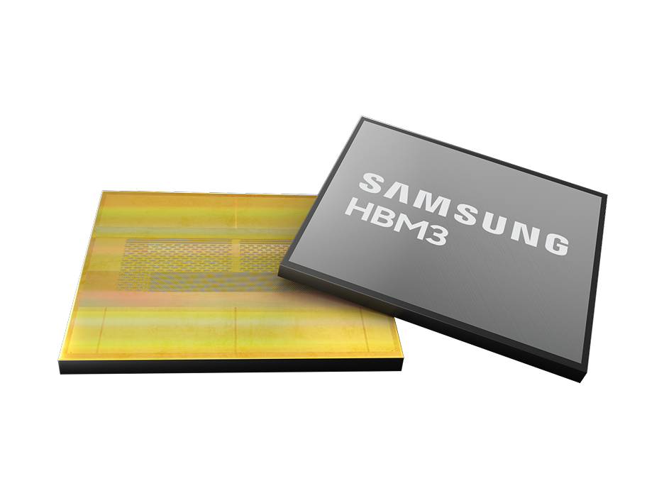 Samsung HBM3 memory package presented in a layered configuration highlighting stacked memory structure.
