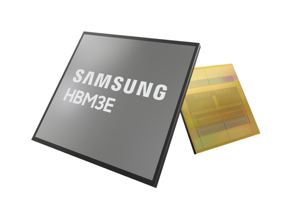 Close-up angled view of a Samsung HBM3E memory package with a stacked structure and exposed base layer.