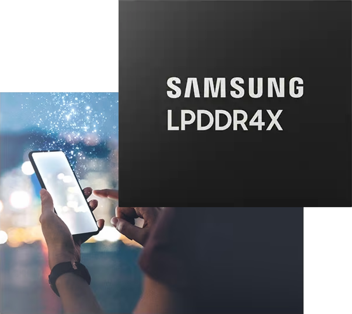 スマートフォンを使用する女性の画像に対するサムスンのLPDDR4X