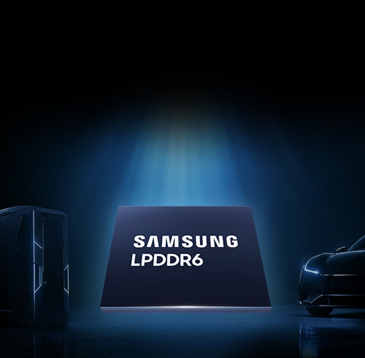자동차와 전자 기기를 배경으로 중앙에 배치된 삼성 LPDDR6 메모리 칩