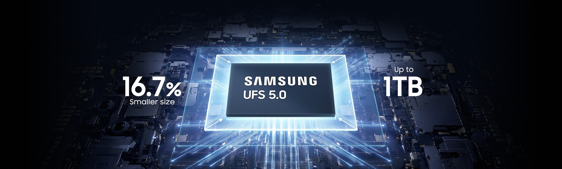 모바일 메인보드 위의 UFS 5.0 폼팩터 축소가 강조된 그래픽과 함께 좌측에는 16.7 % 작은 사이즈, 오른쪽에는 최대 1TB 의 스펙을 글자로 강조
