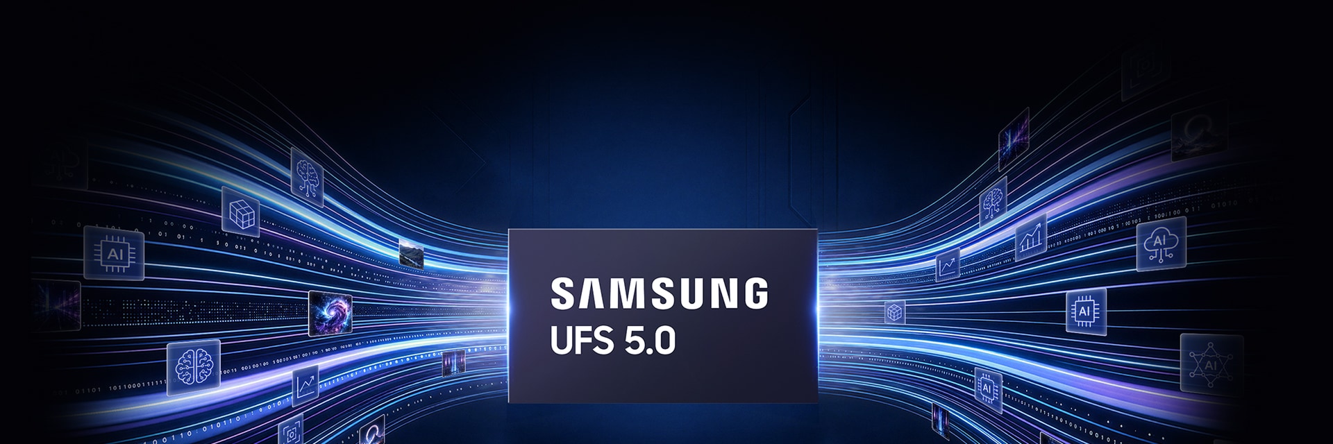 UFS 5.0의 칩 이미지를 중심으로 AI를 대표하는 아이콘들과 함께 데이터 흐름을 의미하는 유선형 그래픽이 모여드는 이미지