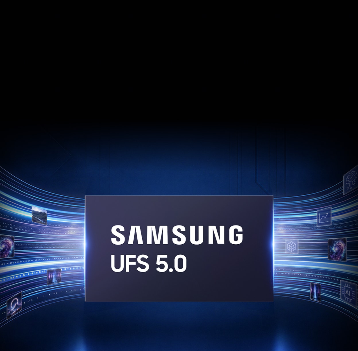 UFS 5.0의 칩 이미지를 중심으로 AI를 대표하는 아이콘들과 함께 데이터 흐름을의미하는 유선형 그래픽이 모여드는 이미지