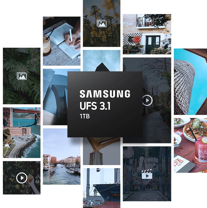 This is the image of Samsung UFS 3.1 1TB chip. Behind the chip, the image playback image and the image of several lifestyle images are shown.