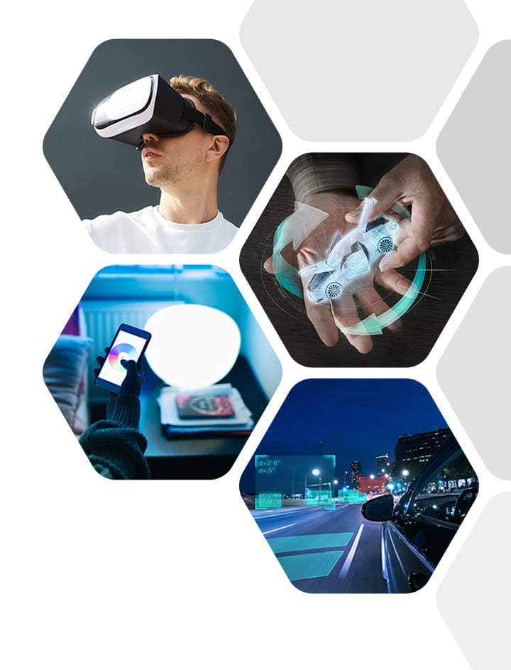 It's an image of a car driving on the road, a man wearing VR, a person holding a cell phone, and a person holding a hologram of a car.