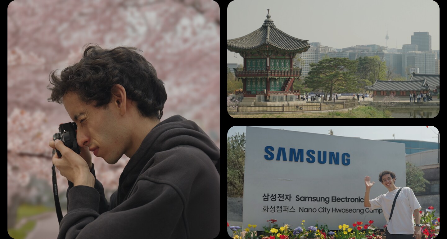 Gawx waving in front of the signpost of Samsung Electronics Nano City at Hwaseong Campus, Gawx filming, and the scenery of Seoul.