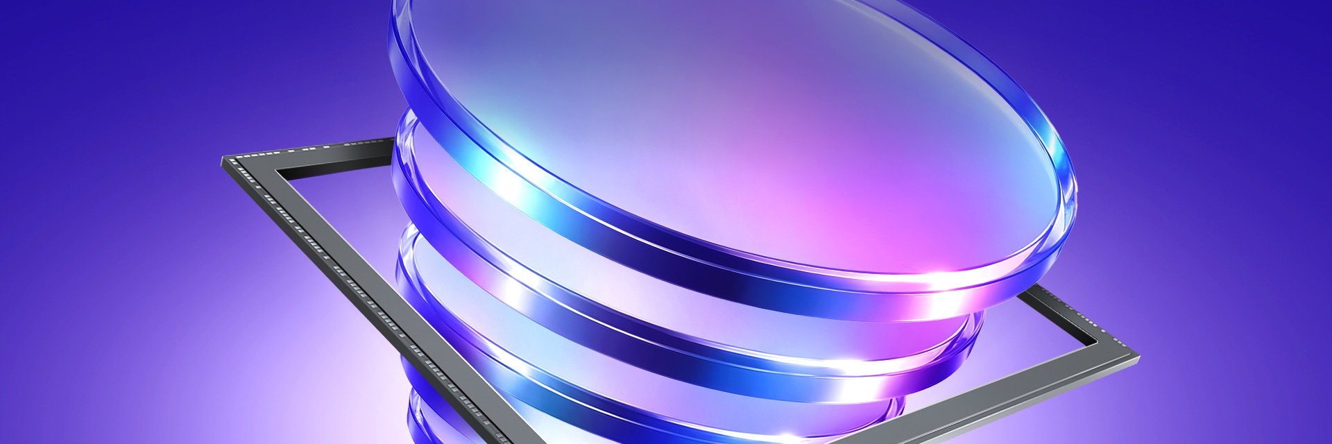 3D tech illustration of stacked data layers and frames over a glowing purple background