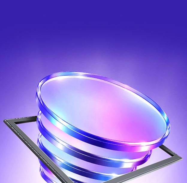 3D tech illustration of stacked data layers and frames over a glowing purple background