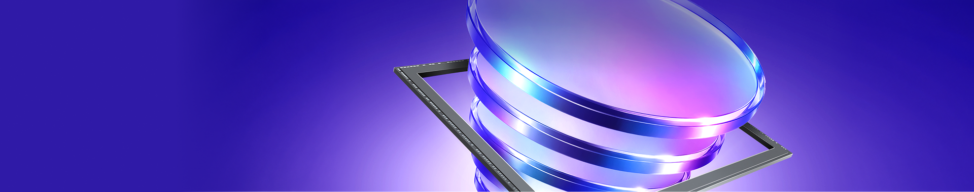 3D tech illustration of stacked data layers and frames over a glowing purple background