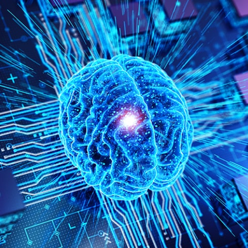 An illustration of a brain with blue lights highlighting semiconductor chips.