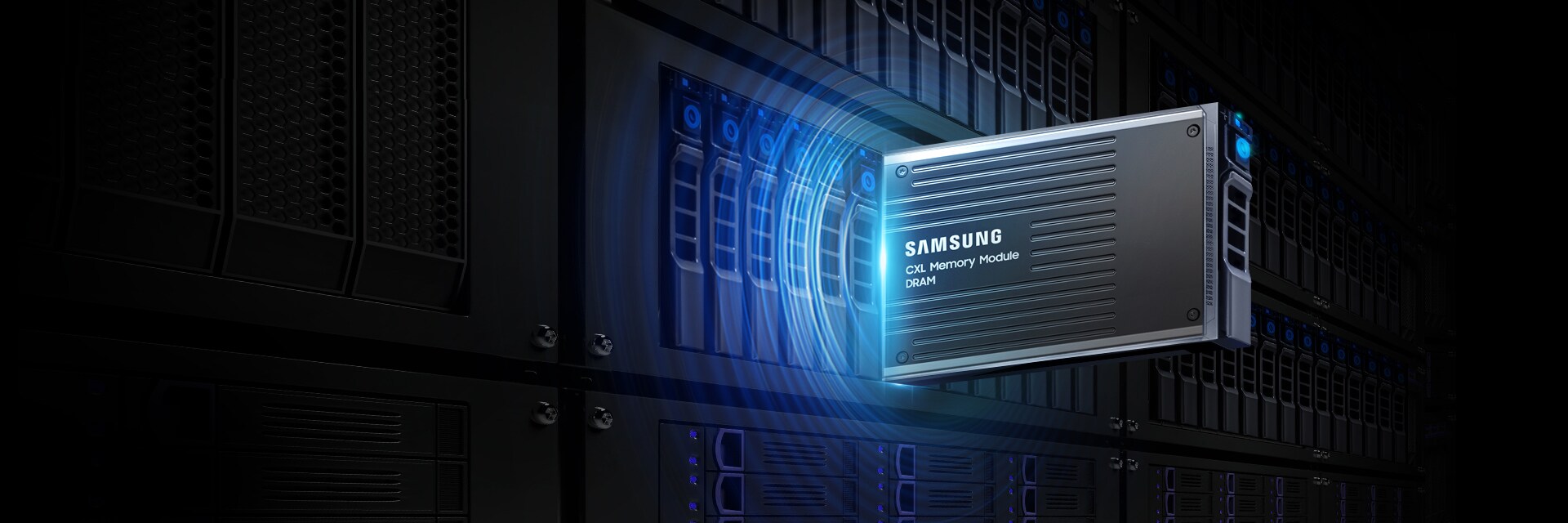 A Samsung CXL Memory Module in a data center server, with glowing blue light effects