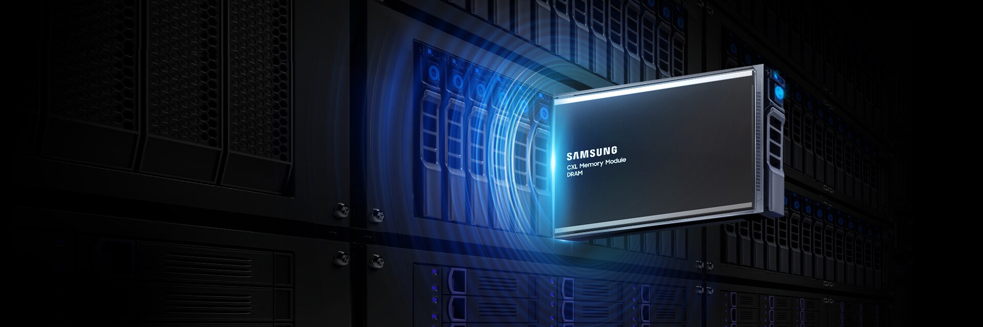 A Samsung CXL Memory Module in a data center server, with glowing blue light effects