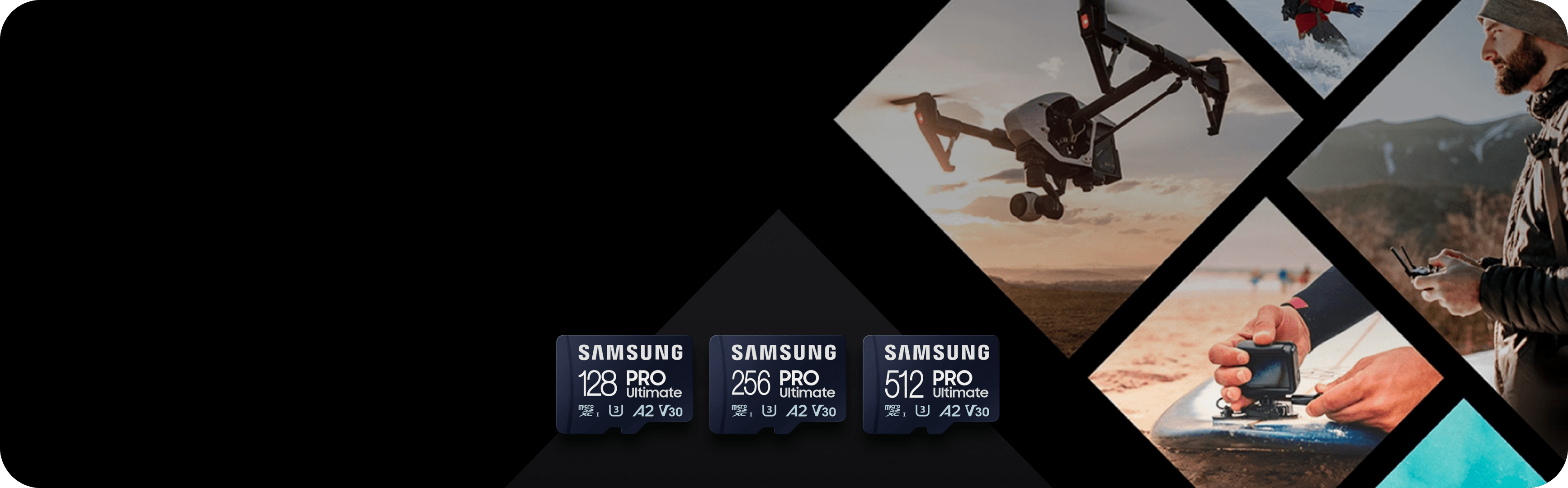 마이크로 SD카드 Pro Plus 512GB 제품 뒤에 카메라와 드론이 배치되어 있습니다.
