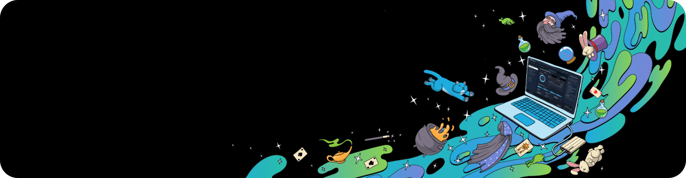 一张插图，内容包括三星Galaxy笔记本电脑、水晶球、白兔、绿色药水、大胡子巫师的头、蓝猫、女巫的帽子、坩埚和青蛙，用于说明三星Magician 8.1软件。该软件可支持内置和便携式SSD。