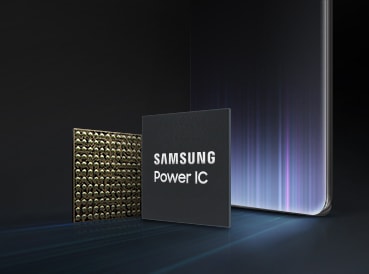 An illustrative image of Samsung Power IC against an image of a person holding a smartphone.