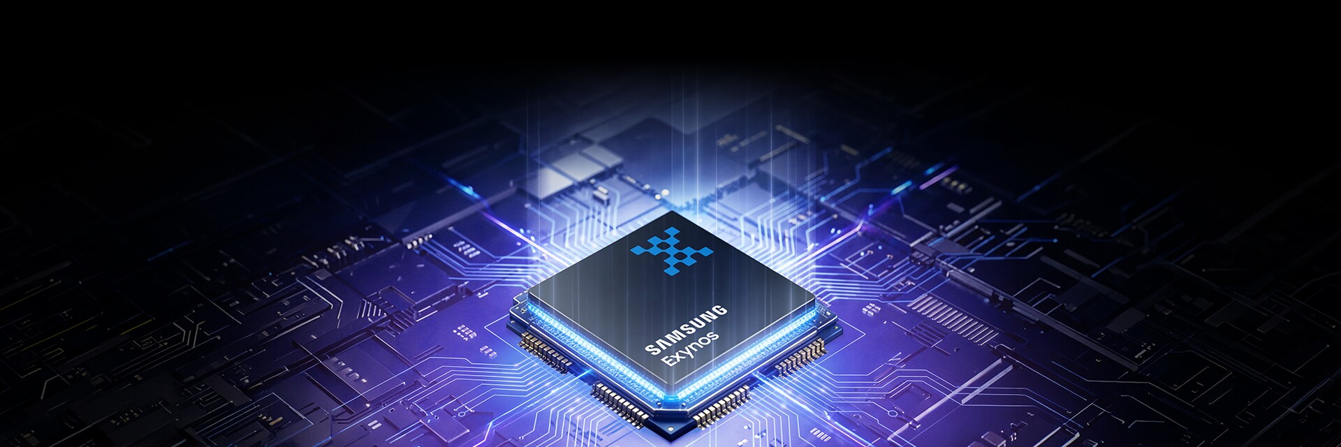 어두운 배경의 회로 기판 중앙에서 푸른 빛을 내며 빛나고 있는 삼성 엑시노스(SAMSUNG Exynos) 프로세서 칩셋 그래픽 이미지.