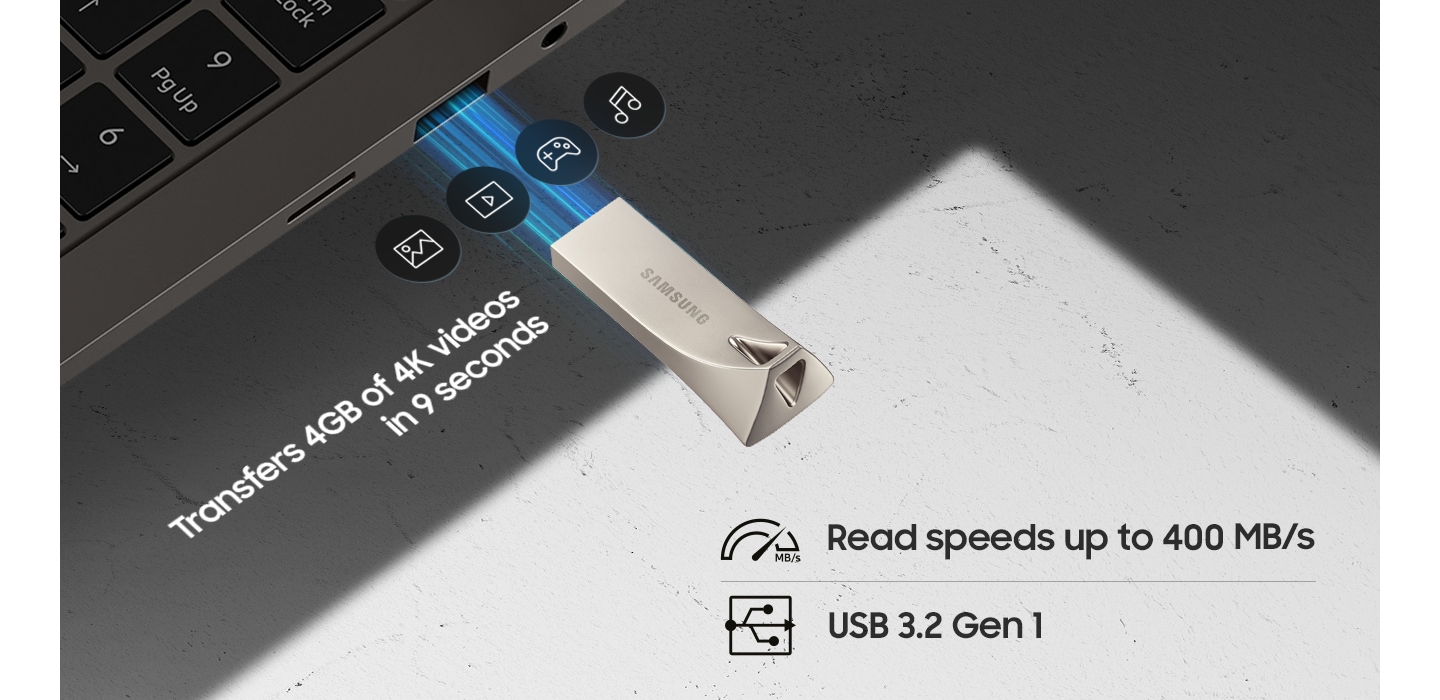 A laptop and BAR Plus are visible, and icons symbolizing 'Image file', 'Video file', 'Game file', and 'Music file' are listed. Next to it, it says 'Transfers 4GB of 4K videos in 9 seconds'. Below it, it says 'Read speeds up to 400 MB/s' and 'USB 3.2 Gen1'.