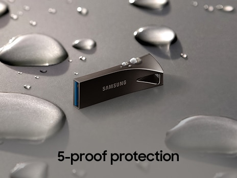 BAR Plus is placed, and water droplets are scattered around it. It says ‘5-proof protection’