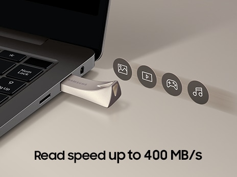 BAR Plus is plugged into the laptop, and icons symbolizing 'Image file', 'Video file', 'Game file', and 'Music file' are listed. Below it, it says 'Read speed up to 400 MB/s