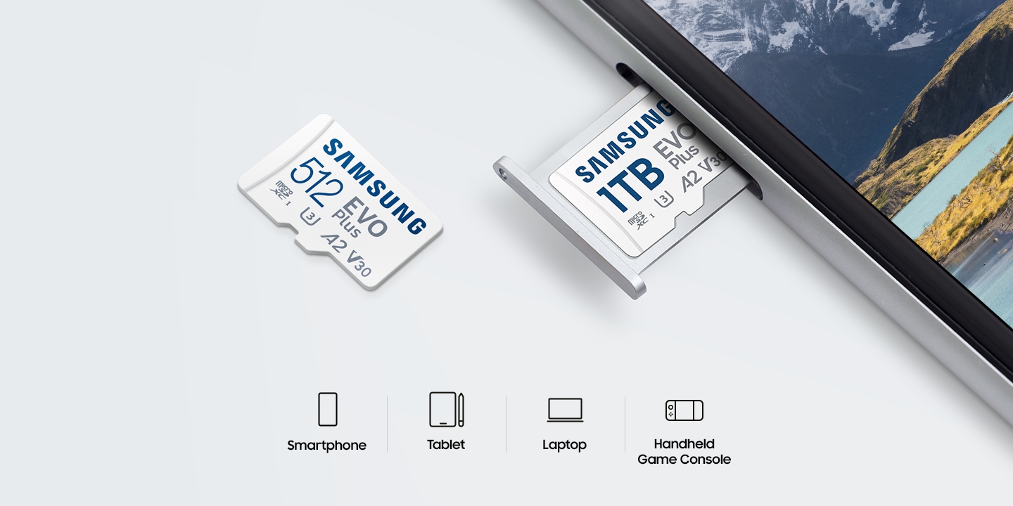 You can see the Samsung EVO Plus mounted on the tablet, and one more is placed next to it. Below it, it says "Smartphone", "Tablet", "Laptop", and "Handheld Game Console", and each icon is shown together.
