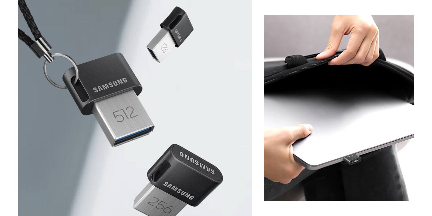 Samsung Fit Plus USB flash drives of various capacities and a laptop being inserted into a sleeve.