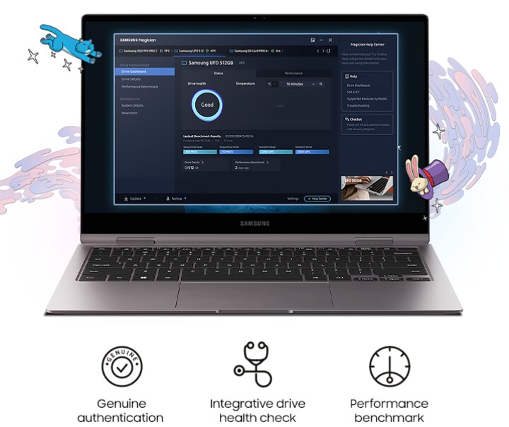 Samsung laptop running the Samsung Magician software, displaying features such as genuine authentication, integrative drive health check, and performance benchmark.