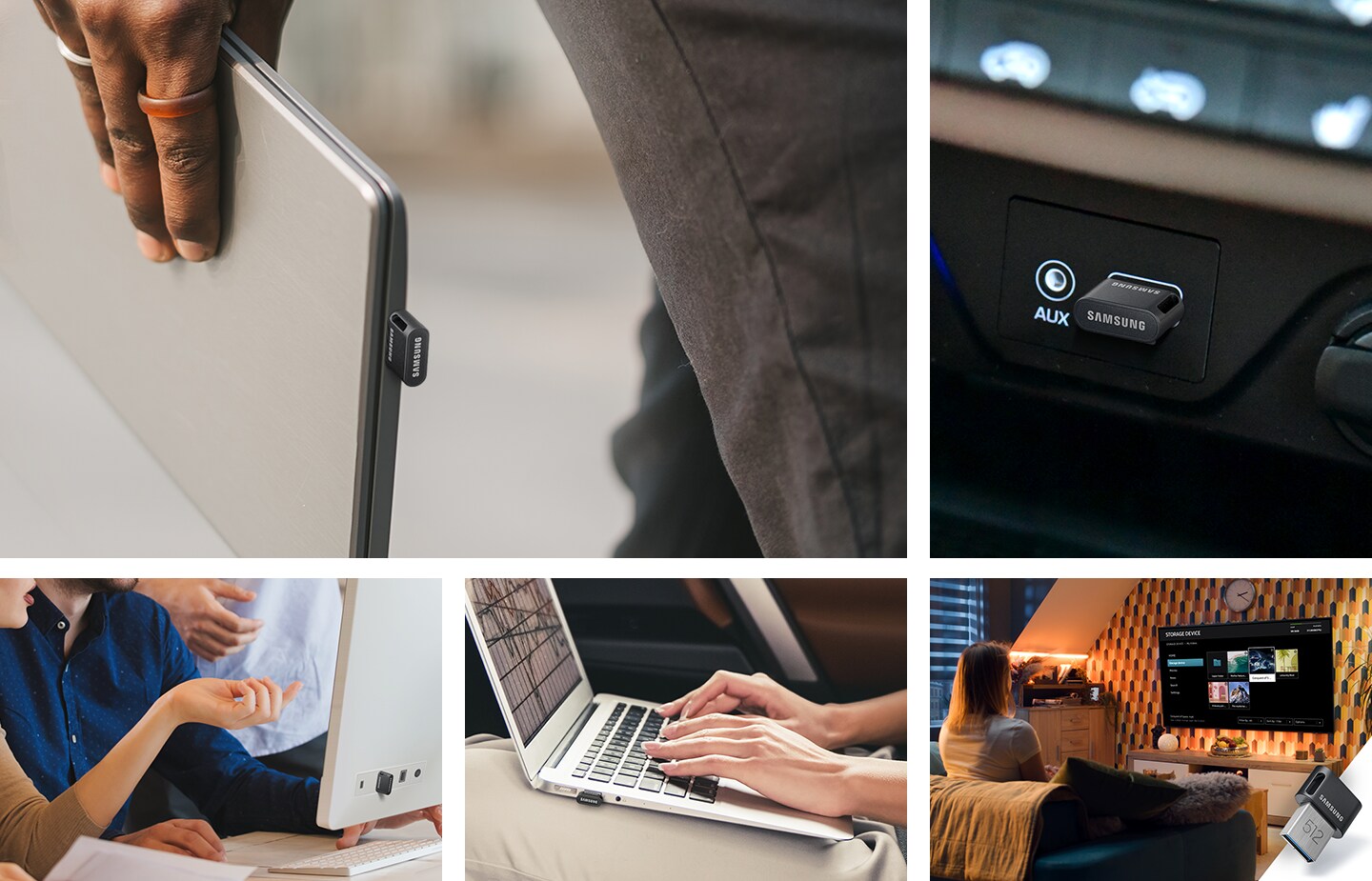 A collage of images showing Samsung Fit Plus being used in various devices, including laptop, a car audio system, and being used at home and in office settings.