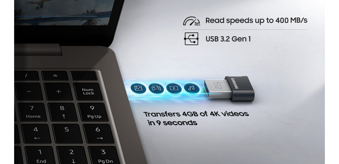 Samsung Fit Plus connected to a laptop, highlighting the fast transfer speed of 4GB of 4K videos in 9 seconds, with USB 3.2 Gen 1 and 400 MB/s read speed.