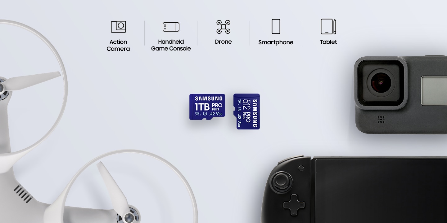 2枚のサムスンPRO Plusが並んでおり、その周辺にはドローン、アクションカメラ、ゲームコンソールが置かれています。 その上には、それぞれのアイコンともに「アクションカメラ」「ポータブルゲーム機」「ドローン」「スマートフォン」「タブレット」と表示されています。
