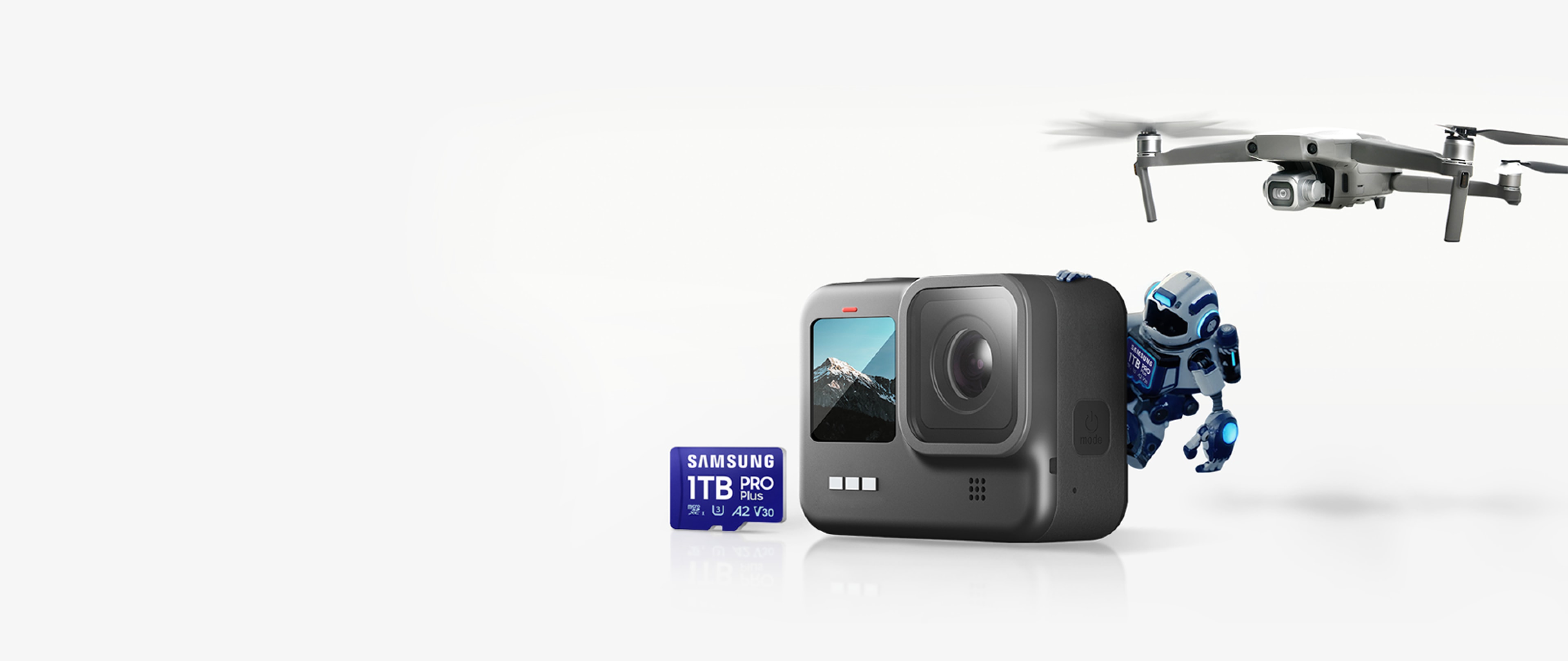 Robot characters, action cameras, and drones are seen along with Samsung PRO Plus.