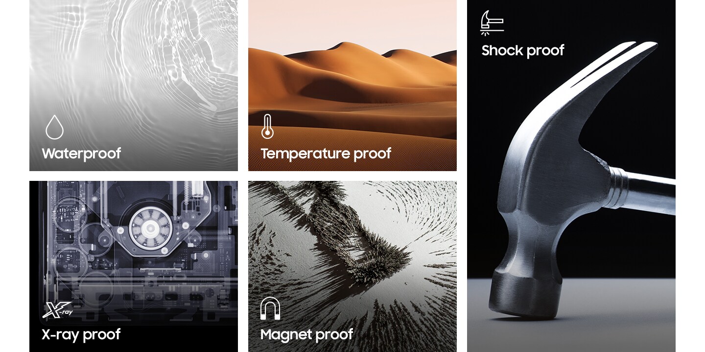 Five images showcasing Bar Plus's durability features including waterproof, temperature proof, shock proof, x-ray proof, and magnet proof.