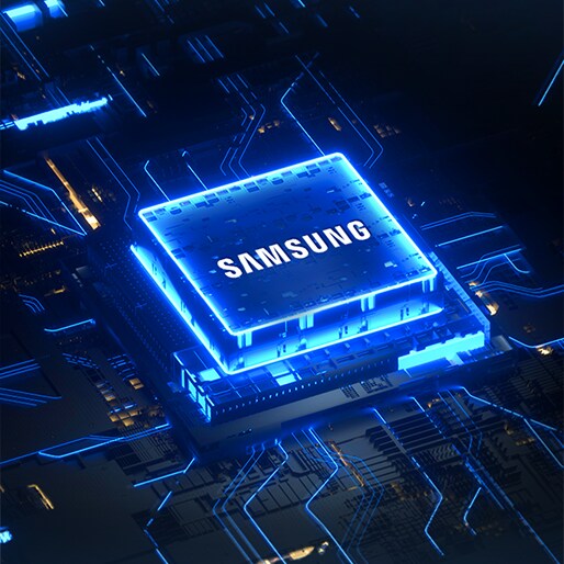 네트워크 회로 구조 속에서 빛나는 Samsung 반도체 칩으로 표현한 고성능 연결 기술
