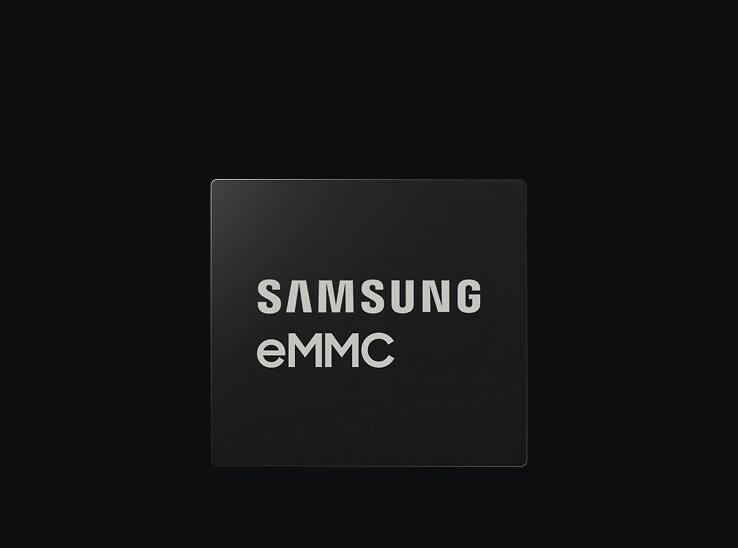 어두운 배경 위에 배치된 Samsung eMMC 스토리지 블록으로 표현한 안정적인 모바일 스토리지