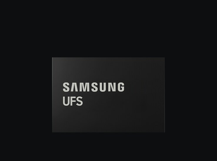 어두운 배경 위에 배치된 Samsung UFS 스토리지 블록으로 표현한 고속 모바일 스토리지 