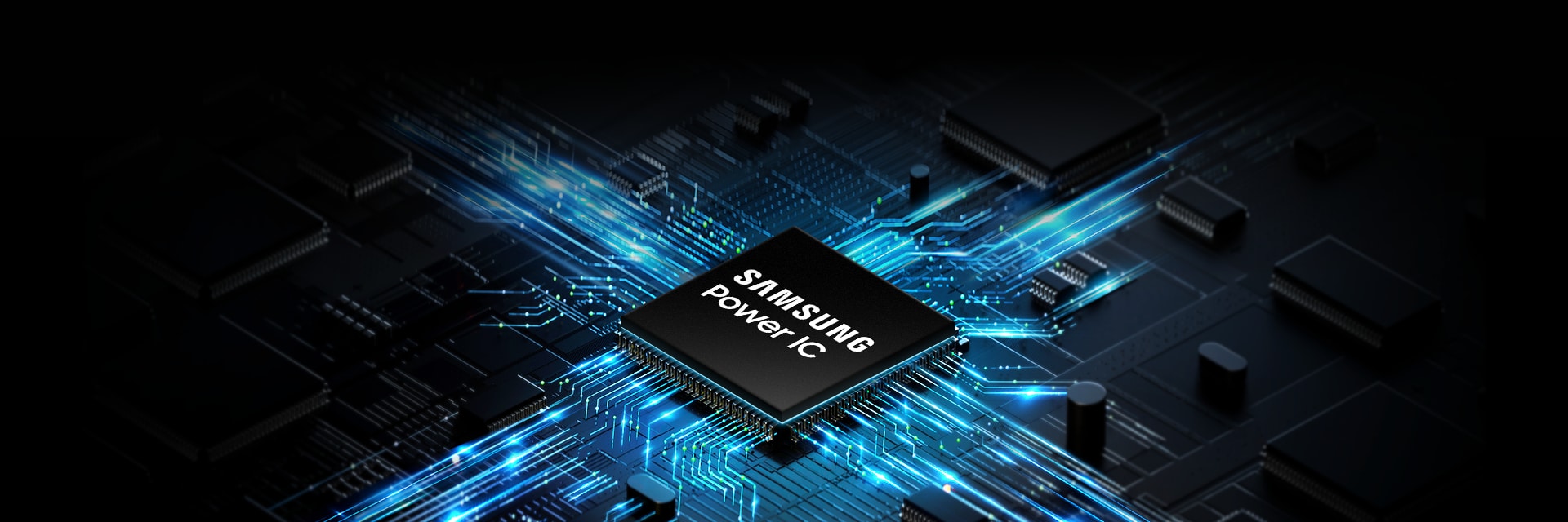 A close-up of a high-tech circuit board with a Samsung Power IC chip. Blue light flows around the chip, visually representing data transfer and power flow.