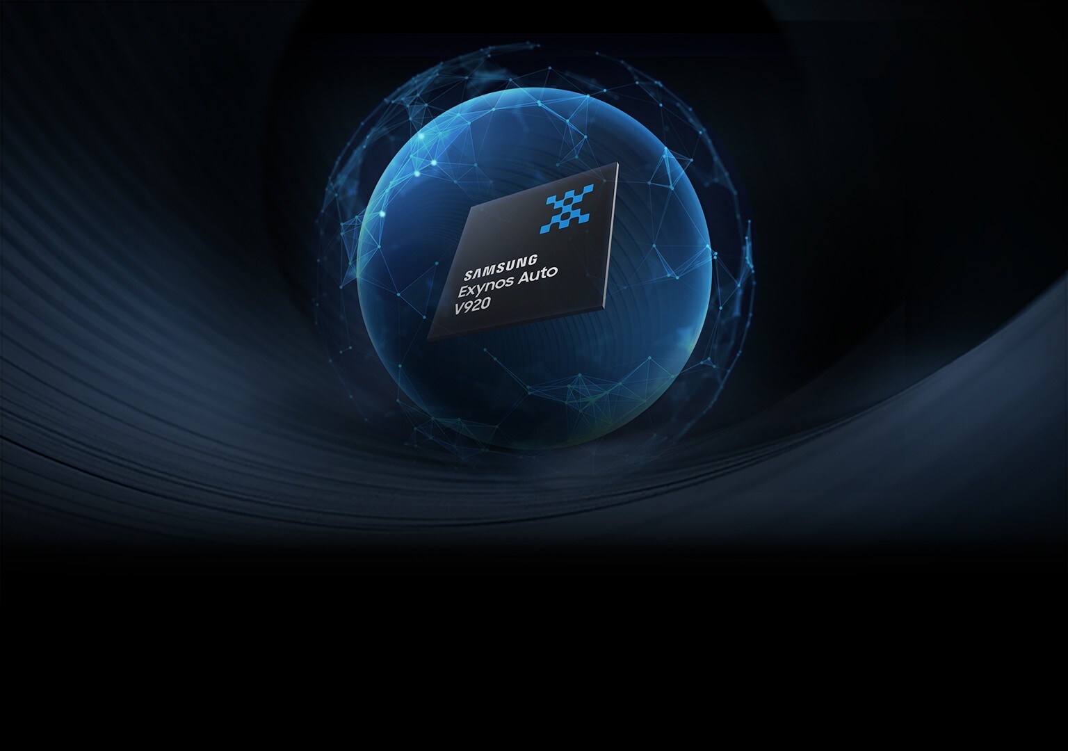 Samsung Exynos Auto V920 products is placed in front of the globe-shaped background.
