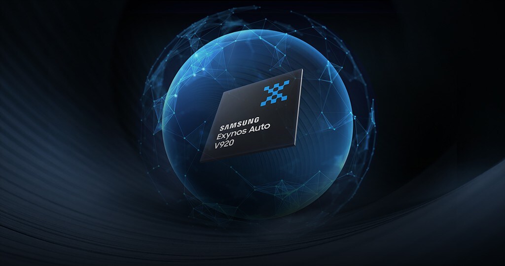 Samsung Exynos Auto V920 products is placed in front of the globe-shaped background.